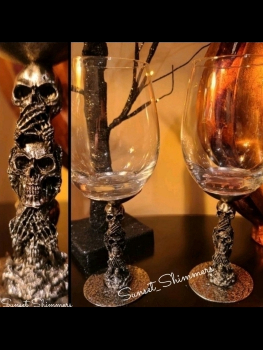 2 Spooky Halloween Gothic Metal Skeleton 3D Skull NO EVIL Wine Glass Goblets New